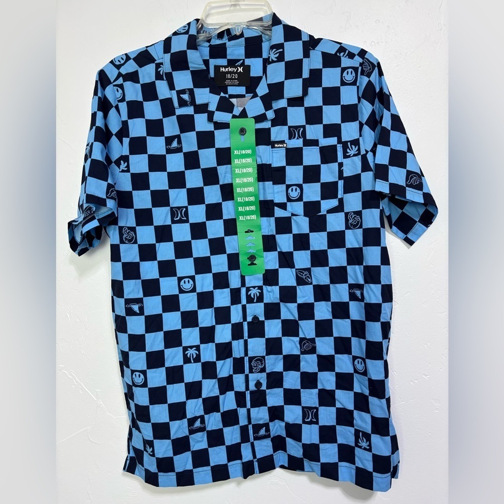 Hurley NWT Boys XL 18/20 Button Front Shirt Checkered Skater Skull NEW Blue